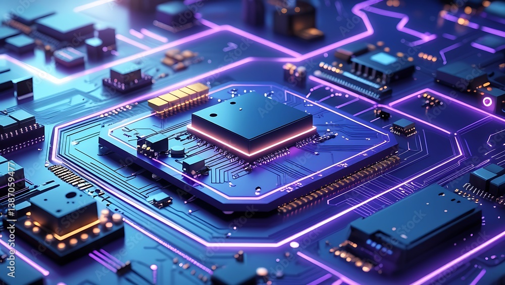 Futuristic 3D Isometric Circuit Board Wallpaper – Abstract Cyberpunk Tech Design with Glowing Violet and Blue Lines, Microchips, and Geometric Components in High-Resolution Render Futuristic 3D Isometric Circuit Board Wallpaper – Abstract Cyberpunk Tech Design with Glowing Violet and Blue Lines, Microchips, and Geometric Components in High-Resolution Render