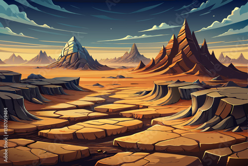 dramatic sunset over cracked earth. Desert landscape background, cartoon illustration