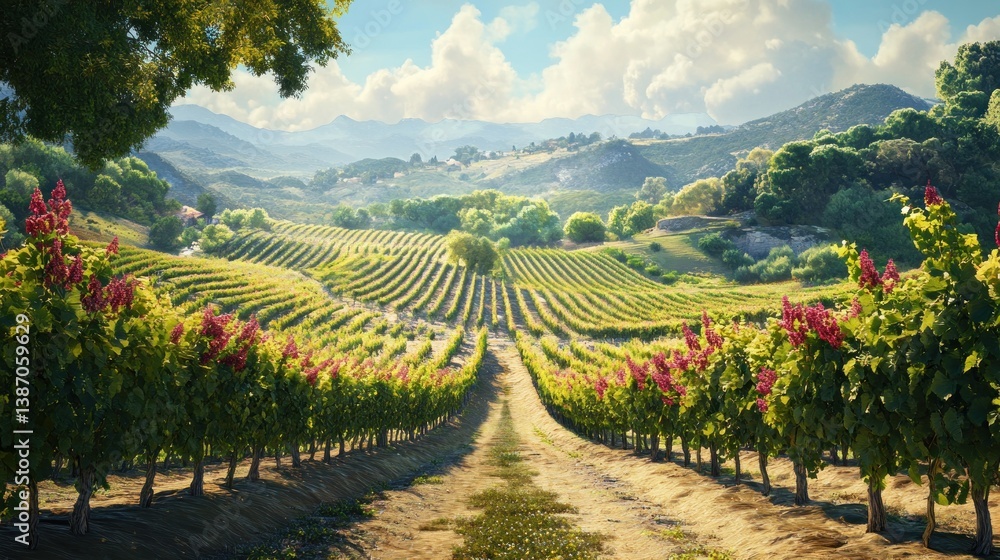 Obraz premium Vineyard rows sunlit valley scenic landscape travel tourism