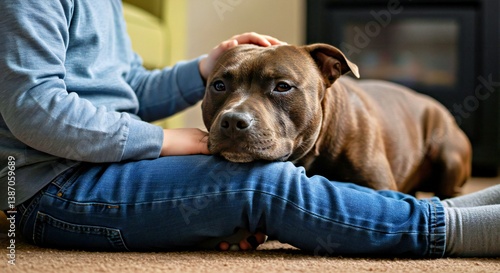 a Staffordshire Bull Terrier gently resting its head on the lap of a child who is sitting on the floor or a low couch