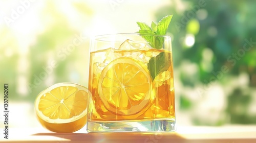 A refreshing iced tea with lemon slices and mint. Featuring freshness and zest