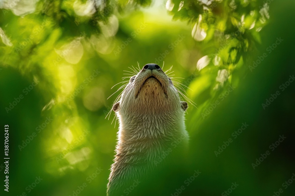 Obraz premium A curious otter gazes upwards towards the bright green foliage