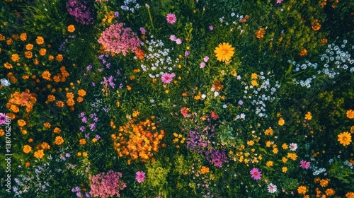 Aerial view of vibrant wildflowers blooming in a meadow, summer