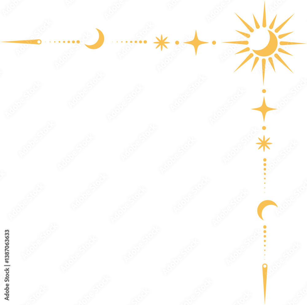 Obraz premium Mystic celestial border with golden moon and stars ornament. Astrologic frame with spiritual elements. Dividers and fantasy corner with pattern of esoteric astral decorations.