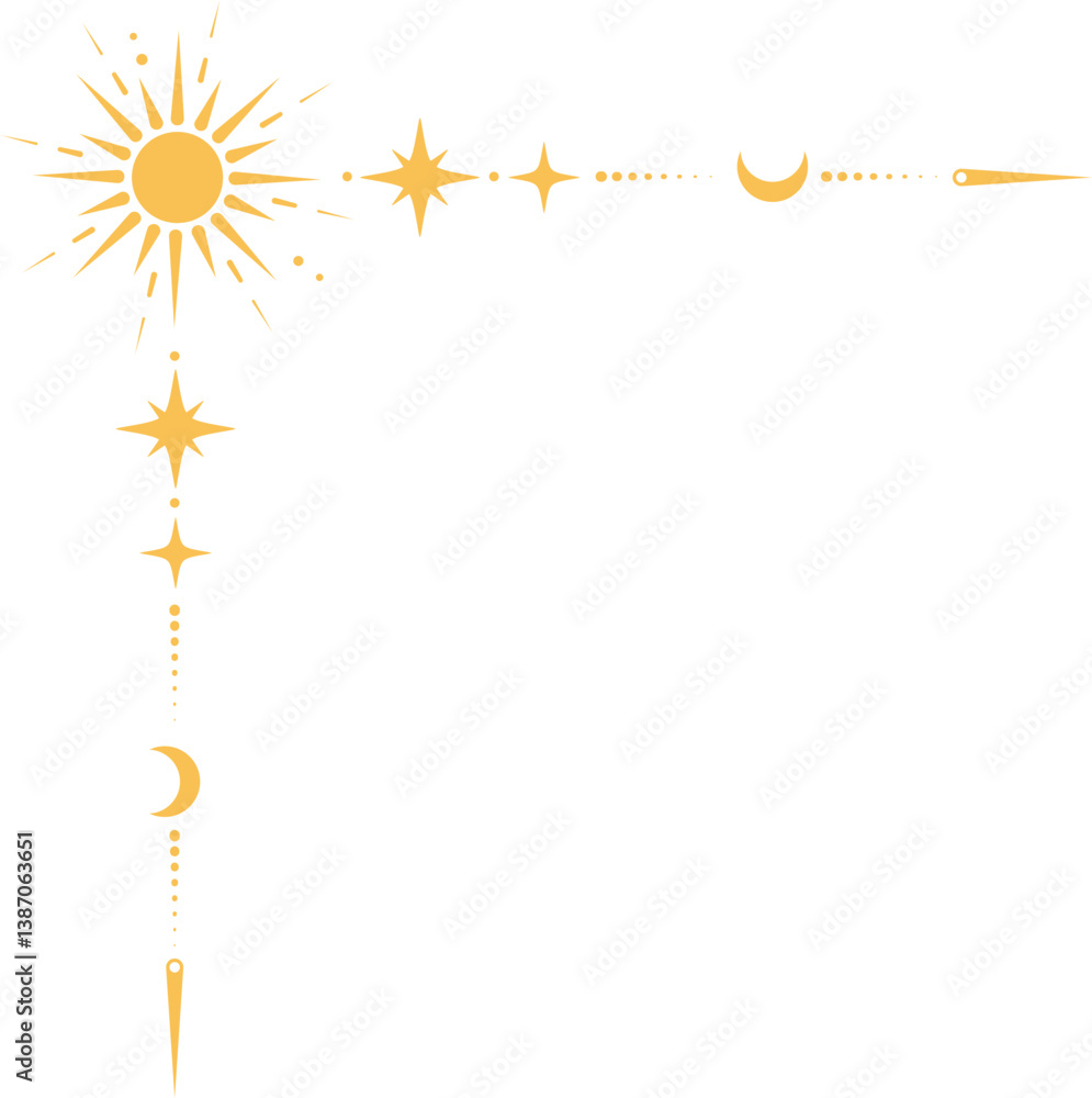 Fototapeta premium Mystic celestial border with golden moon and stars ornament. Astrologic frame with spiritual elements. Dividers and fantasy corner with pattern of esoteric astral decorations.