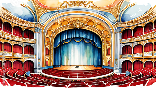 Watercolor Painting of Grand Theatre with Stage and Seats Illustration