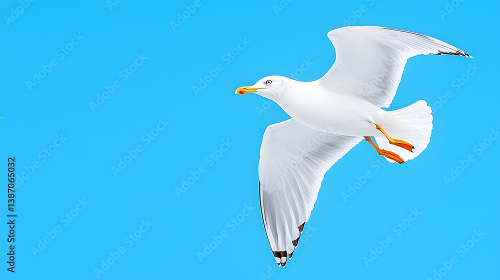 Fototapeta premium Single flying seagull in blue sky