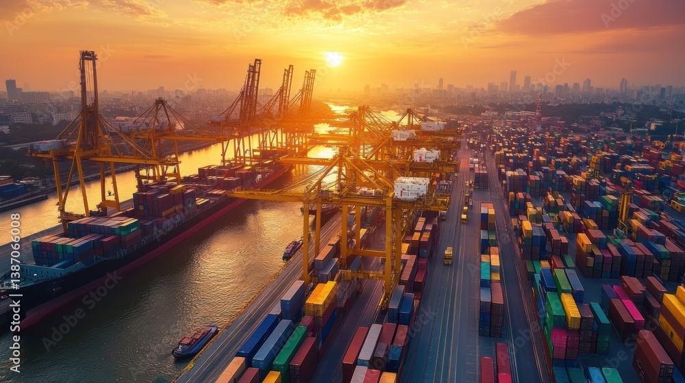 Fototapeta premium Golden Hour at the Container Port: A Breathtaking Aerial View of Global Trade