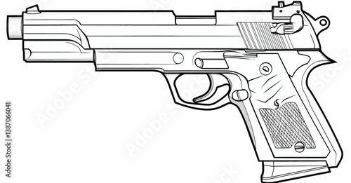 A detailed vector icon set, volume featuring a graphic black and white handgun pistol with an ammo clip and silencer, isolated on a white background