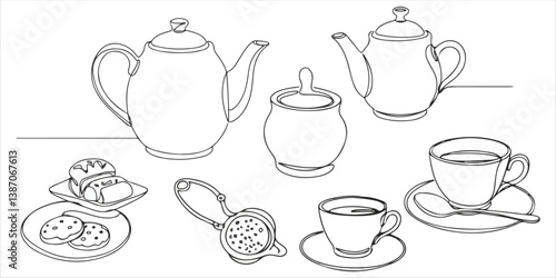 Tea Time continuous single line art drawing sketch on white background