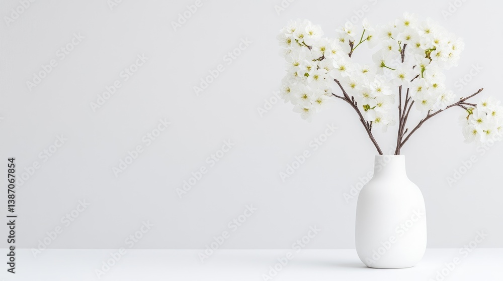 Naklejka premium A white ceramic vase with delicate white flowers on a minimalist white surface, and soft lighting creating a serene and elegant composition.