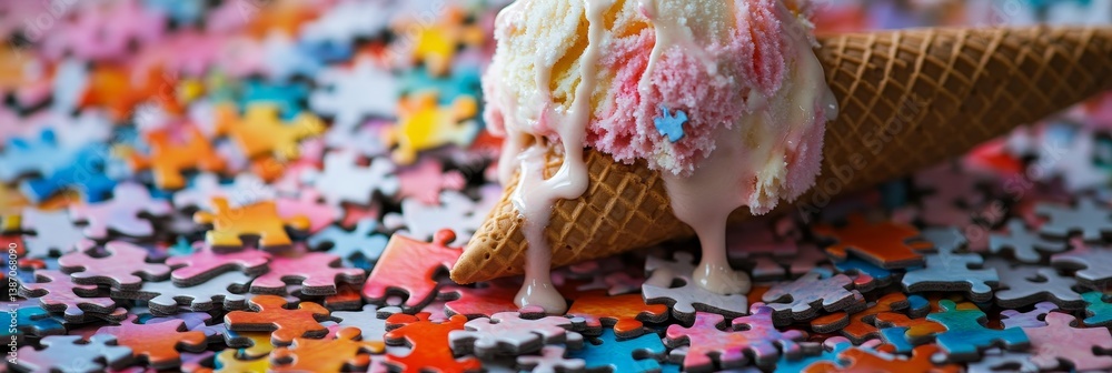 Melting ice cream cone on colorful jigsaw puzzle pieces background Melting ice cream cone on colorful jigsaw puzzle pieces background