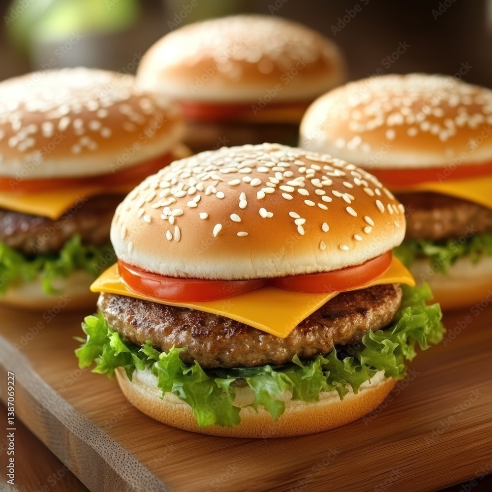 Delicious gourmet burgers showcasing fresh ingredients on a wooden board Delicious gourmet burgers showcasing fresh ingredients on a wooden board