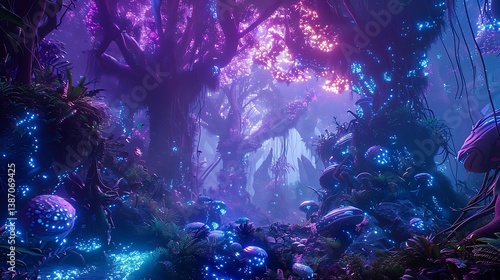 An alien jungle with towering, iridescent trees and strange, bioluminescent creatures.