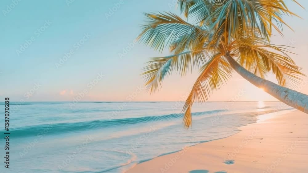 A serene beach scene featuring a palm tree swaying gently over turquoise waters at sunset. A serene beach scene featuring a palm tree swaying gently over turquoise waters at sunset.
