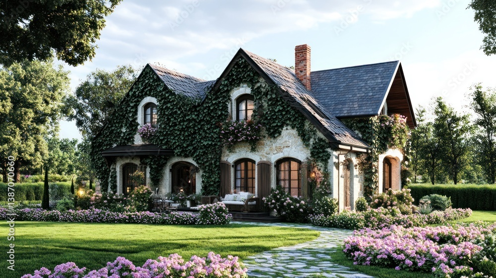 Fototapeta premium Ivy-covered cottage, garden, sunset, landscape, real estate