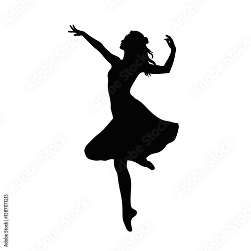 Female dancer leaping in silhouette against white background, grace