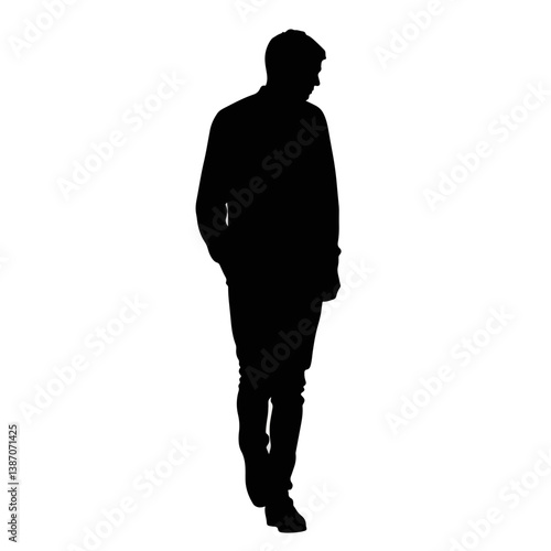 Casual man walking in silhouette, black and white simplicity