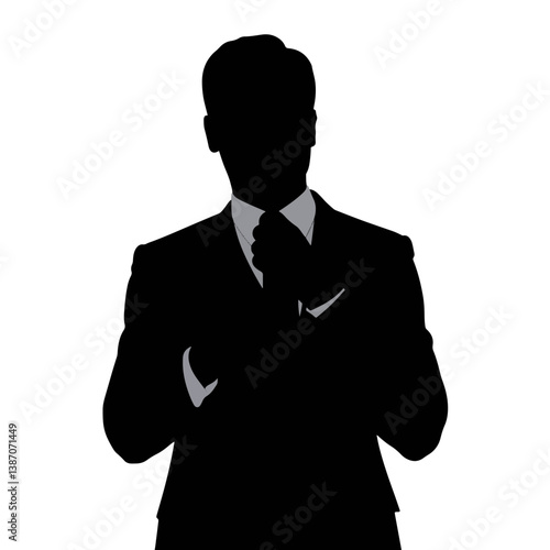 Man adjusting tie in silhouette, professional elegance