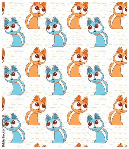 Pattern featuring playful, cartoon-style cats in blue and orange, with oversized eyes on a light, textured background, it could be used as a wallpaper, fabric design, pillow cover scarf and school bag