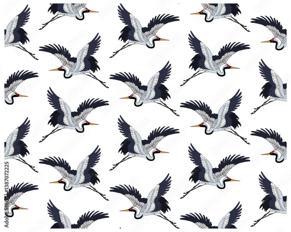 Obraz premium Pattern of stylized cranes in flight, featuring detailed wings and vibrant beaks against a white background., it could be used as a wallpaper, fabric design, pillow cover and bag
