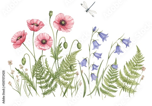 Fototapeta Naklejka Na Ścianę i Meble -  Delicate pink poppies and vibrant bluebells dance in a gentle summer breeze, a dragonfly flitting nearby, rendered in soft watercolor hues.
