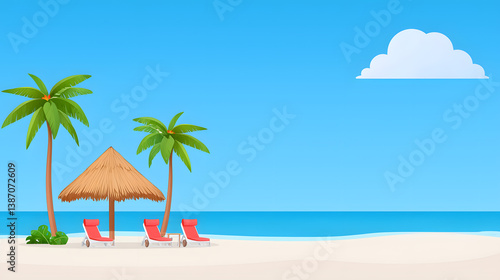 Tropical beach with palm trees and blue sky, and a small building cartoon illustration
