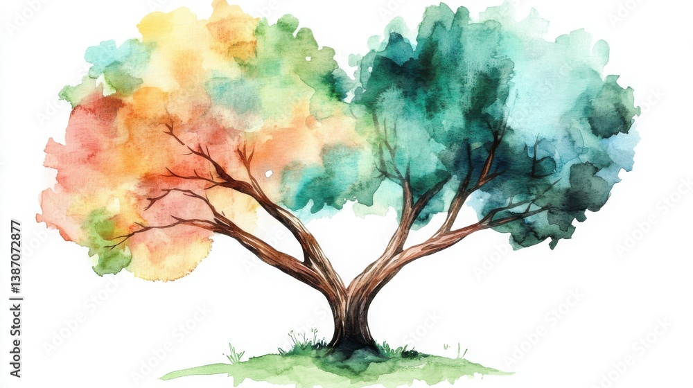 A vibrant watercolor painting of a tree showcasing colorful foliage in shades of orange, green, and blue, set against a white background. A vibrant watercolor painting of a tree showcasing colorful foliage in shades of orange, green, and blue, set against a white background.