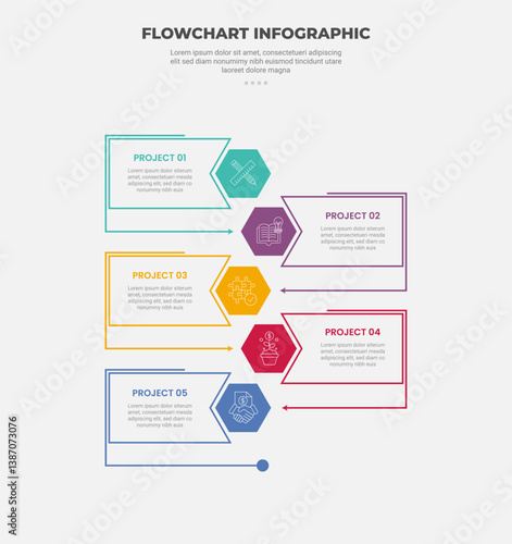 flowchart infographic outline style with 5 point template with hexagon on vertical direction opposite position for slide presentation