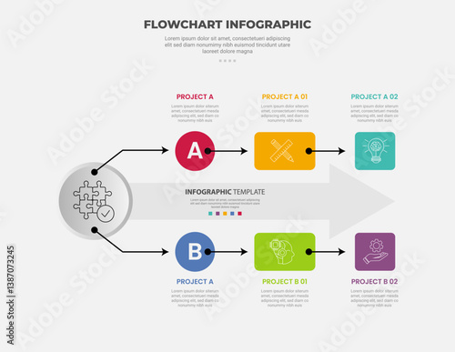 flowchart infographic outline style with 2 main point template with big circle and arrow up and down for slide presentation
