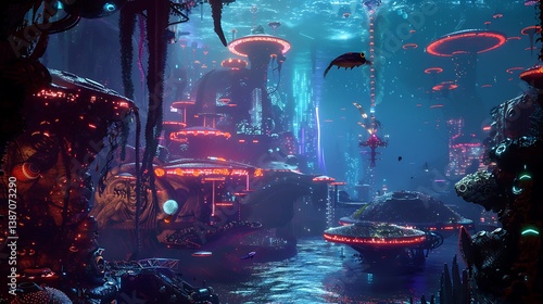 An underwater alien city with glowing structures and exotic marine life.