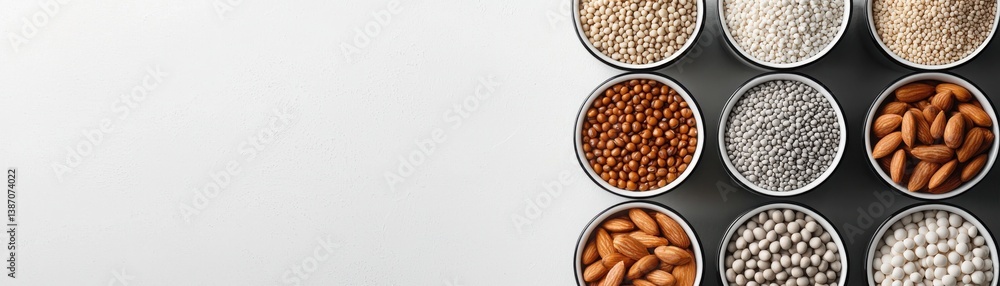 A variety of nuts and seeds arranged in small bowls on a clean surface, showcasing diversity in textures and colors. A variety of nuts and seeds arranged in small bowls on a clean surface, showcasing diversity in textures and colors.