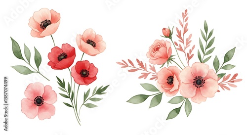 Fototapeta Naklejka Na Ścianę i Meble -  Delicate watercolor floral arrangements featuring soft pink and red anemones with green leaves, creating a romantic and serene botanical illustration.
