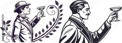 Refined Gentleman with Cocktail – Vintage Woodcut Engraving Style