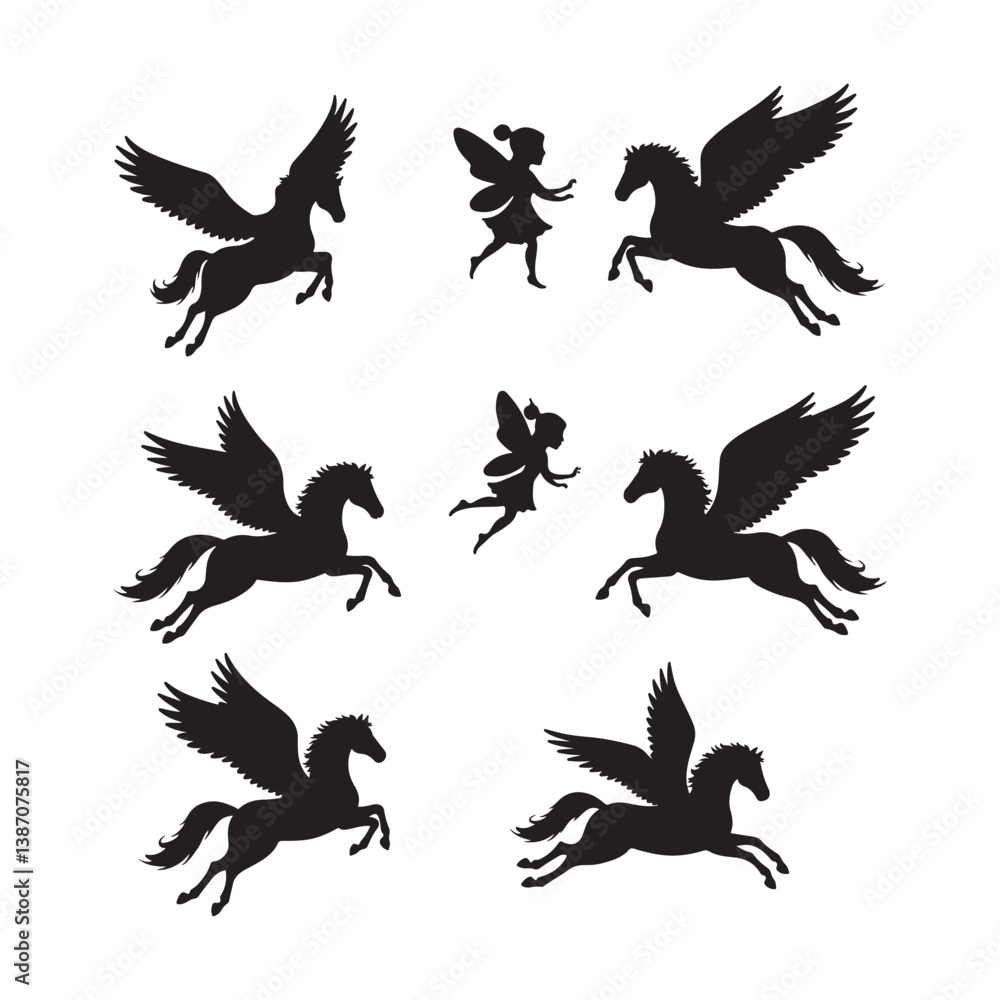 Fototapeta premium cute pegasus horse animals unicorn clipart cartoon icon set vector design illustrations