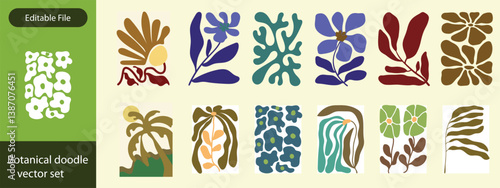 Botanical doodle background art vector set. Flower and leaves abstract shape doodle art design for print, wallpaper.