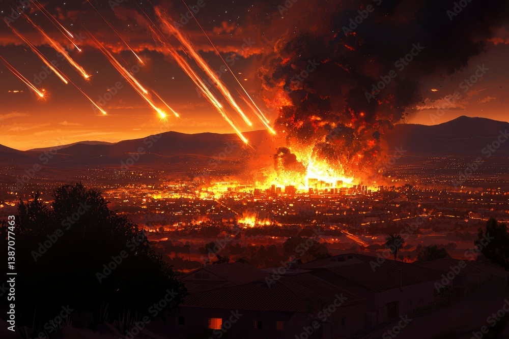 Fototapeta premium City in flames hit by meteor shower with burning skyline as apocalyptic event