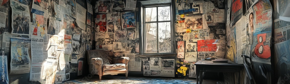 Fototapeta premium Interior room with armchair window and walls covered in pictures