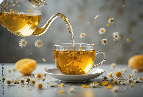 Freshly brewed chamomile tea being poured into a clear glass cup surrounded by chamomile flowers and lemon on a soft background – calming herbal drink concept