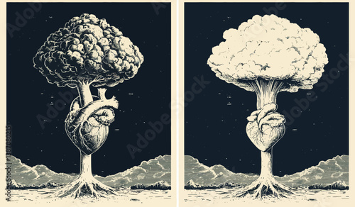 The anatomical heart undergoing a nuclear explosion is a symbol of love, feelings, and energy, visualized in a surreal tattoo and t-shirt design using black and white vector graphics