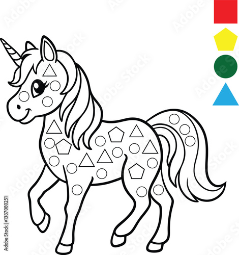 Cute Unicorn Coloring Page with Shapes for Kids