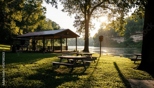 Fototapeta Naklejka Na Ścianę i Meble -  Sunny riverside park with picnic tables and a shelter for outdoor recreation