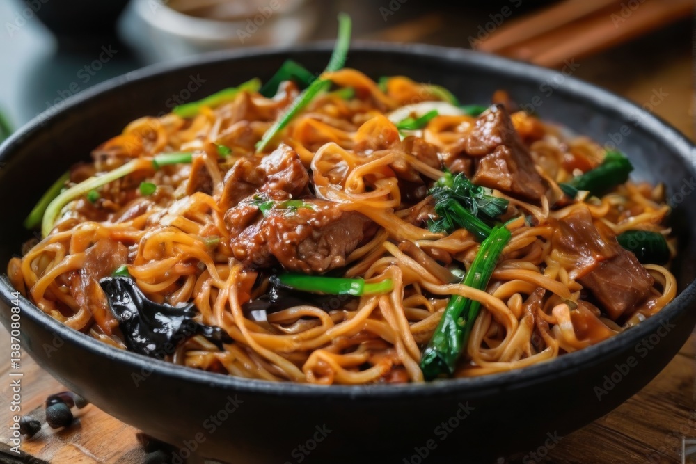 Delicious stirfried noodles with meat in a black bowl, garnished with sesame seeds and green onions on a wooden table. Delicious stirfried noodles with meat in a black bowl, garnished with sesame seeds and green onions on a wooden table.