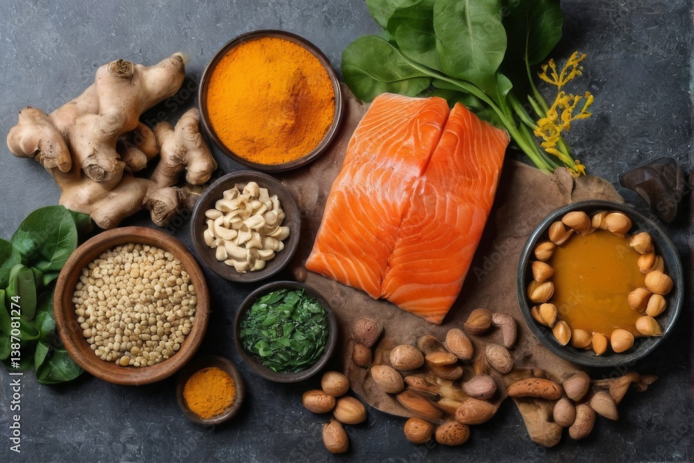 Nutrientrich Food Flat Lay with Zinc Sources and Salmon on Dark Grey Background Nutrientrich Food Flat Lay with Zinc Sources and Salmon on Dark Grey Background