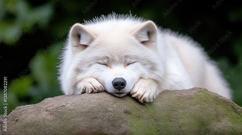 Arctic Wolf on Rock Peaceful Serene Style High Resolution Close-up Shot Soft Fur Sleeping Restfully Lush Green Background Soft White Tones Ideal for Calming Imagery Arctic Wolf on Rock Peaceful Serene Style High Resolution Close-up Shot Soft Fur Sleeping Restfully Lush Green Background Soft White Tones Ideal for Calming Imagery