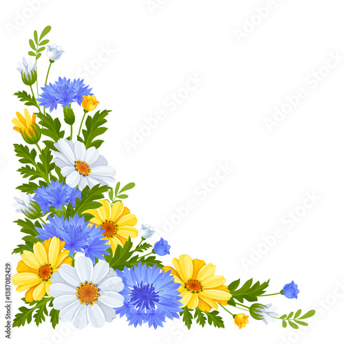 Corner wildflowers vignette, floral corner border with pattern of country flowers. Blue cornflowers, white and yellow daisy, leaves and buds isolated on a white background. Vector illustration