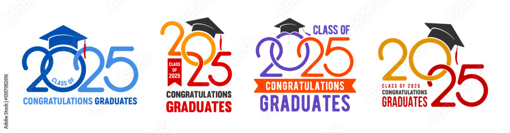 Class of 2025,  set of logo, badges for congratulations graduates, or other education events, with academic hat and numbers for high school, university, college graduation. Vector illustration