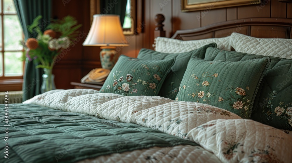 Naklejka premium Elegant bedroom, floral pillows, cozy bedding, wooden interior design
