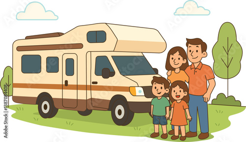 Cartoon illustration of a happy family of four (mother, father, son, and daughter) standing next to a camper van outdoors.