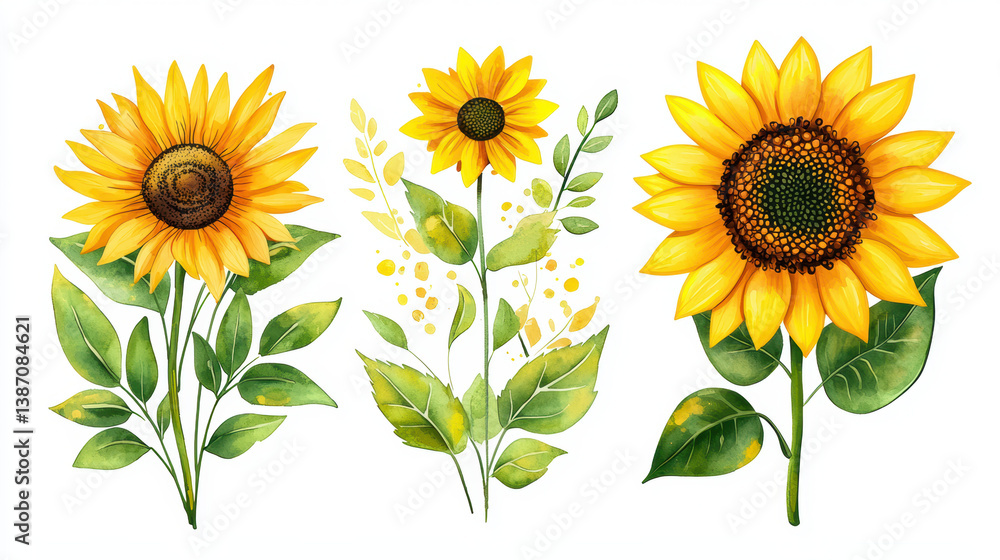Obraz premium Bright sunflowers with vibrant yellow petals and green leaves, showcasing their beauty and charm in watercolor style